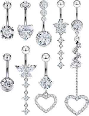 Vsnnsns 14G Dangle Belly Button Ring Piercing Jewelry 316L Stainless Surgical Steel Heart Butterfly Flower Diamond CZ Navel Rings Dangling Belly Button Ring Piercing Jewelry for Women 14 Gauge
