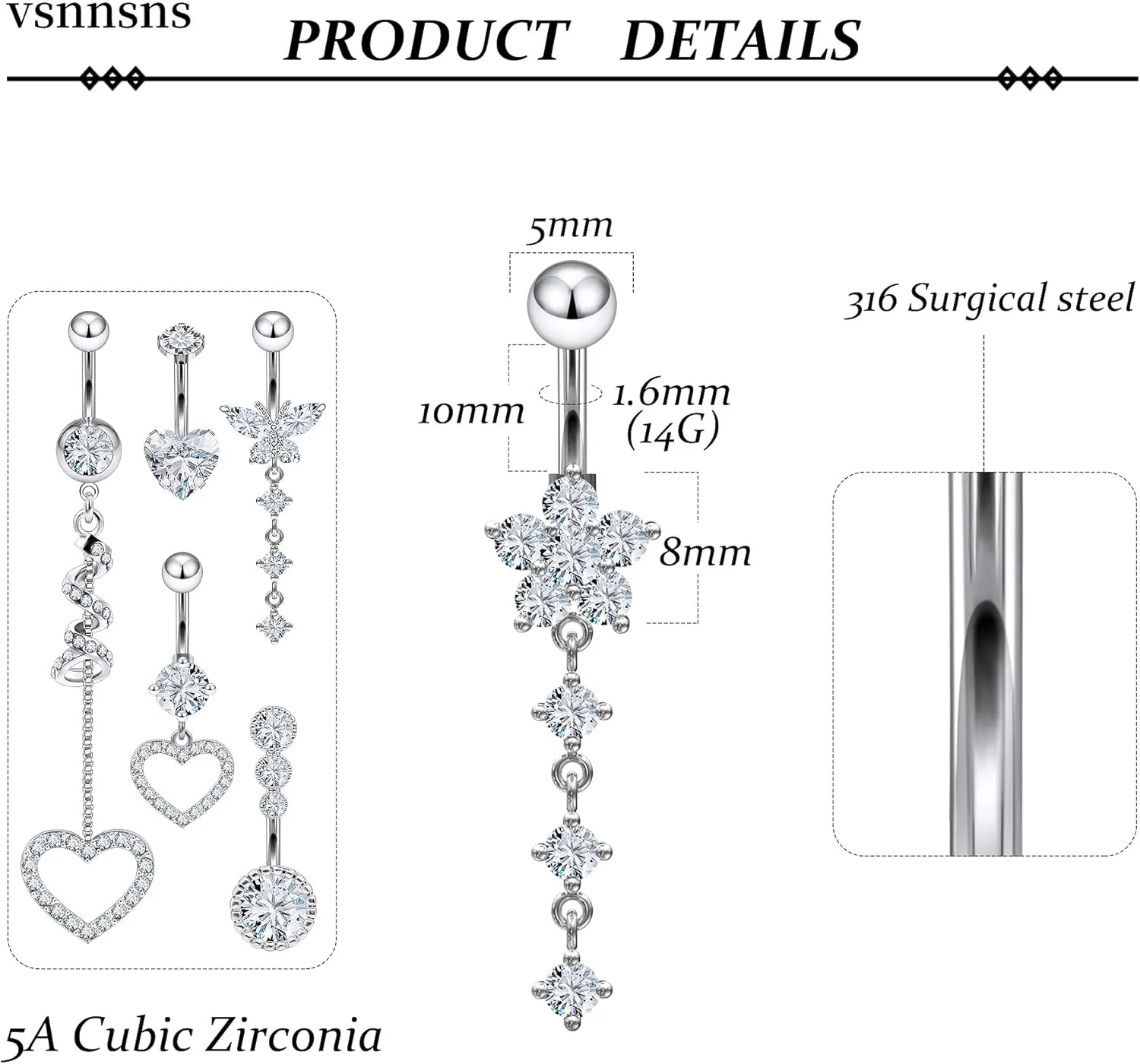 Vsnnsns 14G Dangle Belly Button Ring Piercing Jewelry 316L Stainless Surgical Steel Heart Butterfly Flower Diamond CZ Navel Rings Dangling Belly Button Ring Piercing Jewelry for Women 14 Gauge