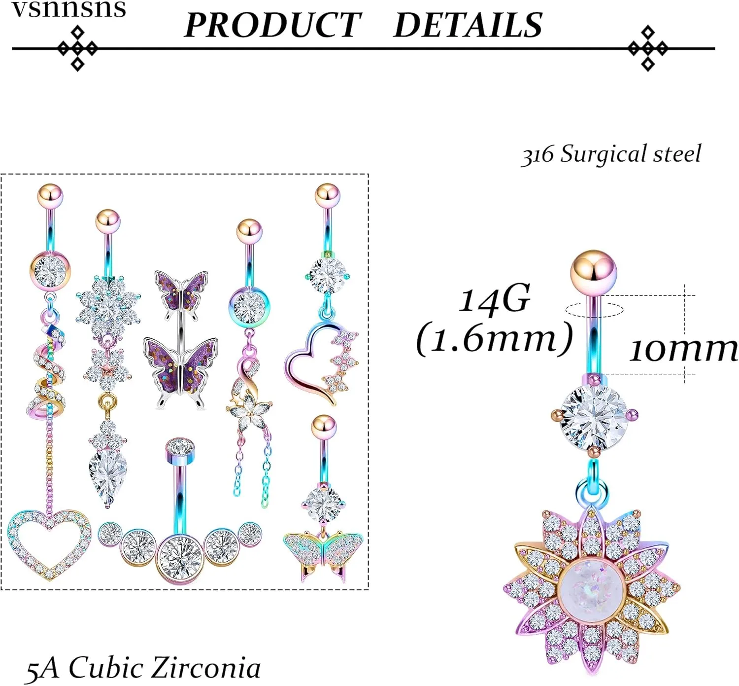 Vsnnsns 14G Dangle Belly Button Ring Piercing Jewelry 316L Stainless Surgical Steel Heart Butterfly Flower Diamond CZ Navel Rings Dangling Belly Button Ring Piercing Jewelry for Women 14 Gauge