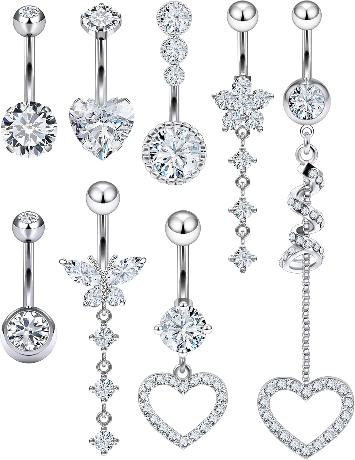 Vsnnsns 14G Dangle Belly Button Ring Piercing Jewelry 316L Stainless Surgical Steel Heart Butterfly Flower Diamond CZ Navel Rings Dangling Belly Button Ring Piercing Jewelry for Women 14 Gauge