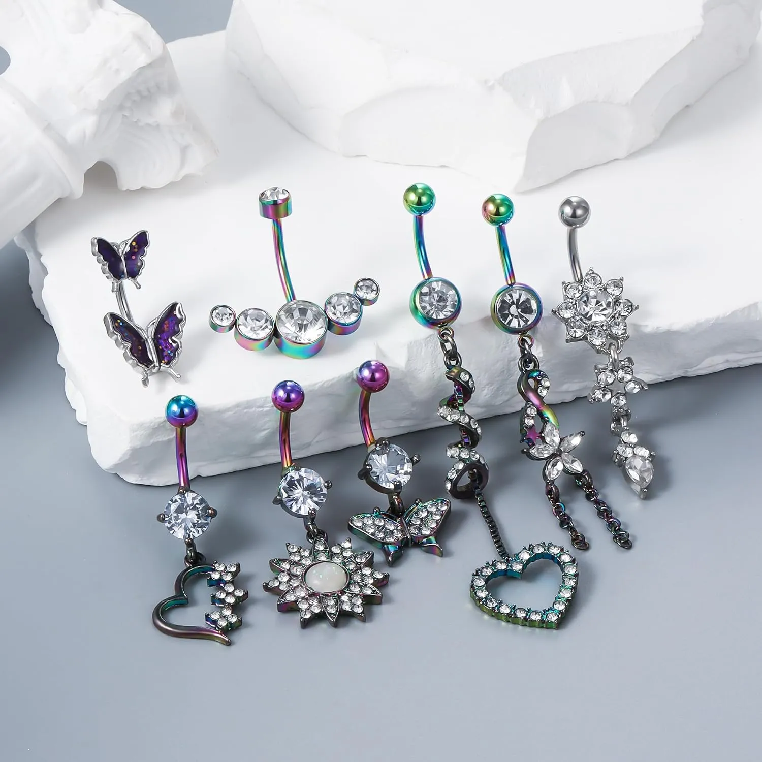Vsnnsns 14G Dangle Belly Button Ring Piercing Jewelry 316L Stainless Surgical Steel Heart Butterfly Flower Diamond CZ Navel Rings Dangling Belly Button Ring Piercing Jewelry for Women 14 Gauge