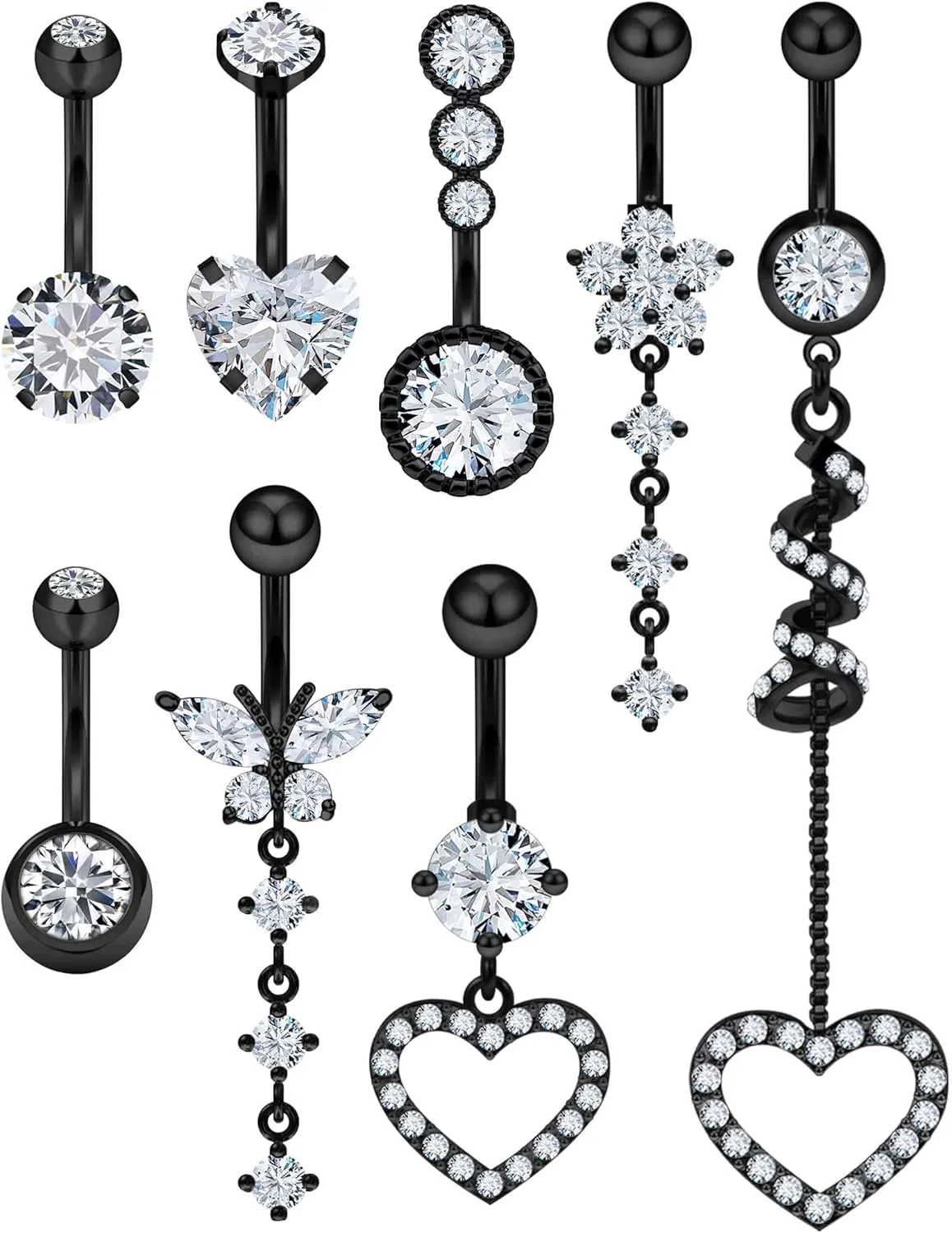 Vsnnsns 14G Dangle Belly Button Ring Piercing Jewelry 316L Stainless Surgical Steel Heart Butterfly Flower Diamond CZ Navel Rings Dangling Belly Button Ring Piercing Jewelry for Women 14 Gauge