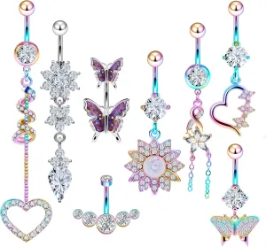 Vsnnsns 14G Dangle Belly Button Ring Piercing Jewelry 316L Stainless Surgical Steel Heart Butterfly Flower Diamond CZ Navel Rings Dangling Belly Button Ring Piercing Jewelry for Women 14 Gauge
