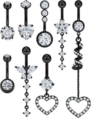 Vsnnsns 14G Dangle Belly Button Ring Piercing Jewelry 316L Stainless Surgical Steel Heart Butterfly Flower Diamond CZ Navel Rings Dangling Belly Button Ring Piercing Jewelry for Women 14 Gauge