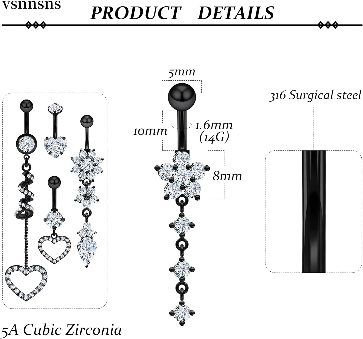 Vsnnsns 14G Dangle Belly Button Ring Piercing Jewelry 316L Stainless Surgical Steel Heart Flower CZ Reverse Navel Rings Dangling Belly Button Ring Piercing Jewelry for Women 14 Gauge Hypoallergenic