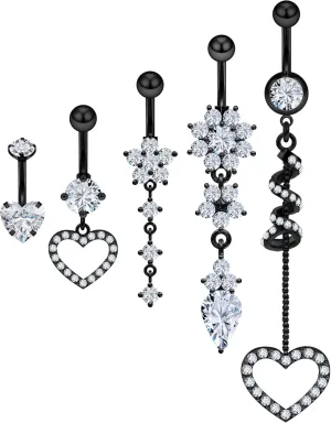 Vsnnsns 14G Dangle Belly Button Ring Piercing Jewelry 316L Stainless Surgical Steel Heart Flower CZ Reverse Navel Rings Dangling Belly Button Ring Piercing Jewelry for Women 14 Gauge Hypoallergenic