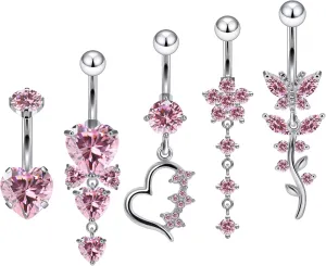 Vsnnsns 14G Dangle Belly Button Ring Piercing Jewelry 316L Stainless Surgical Steel Navel Rings Cubic Zirconia Heart Flower CZ Dangling Belly Button Ring Piercing Jewelry for Women 14 Gauge