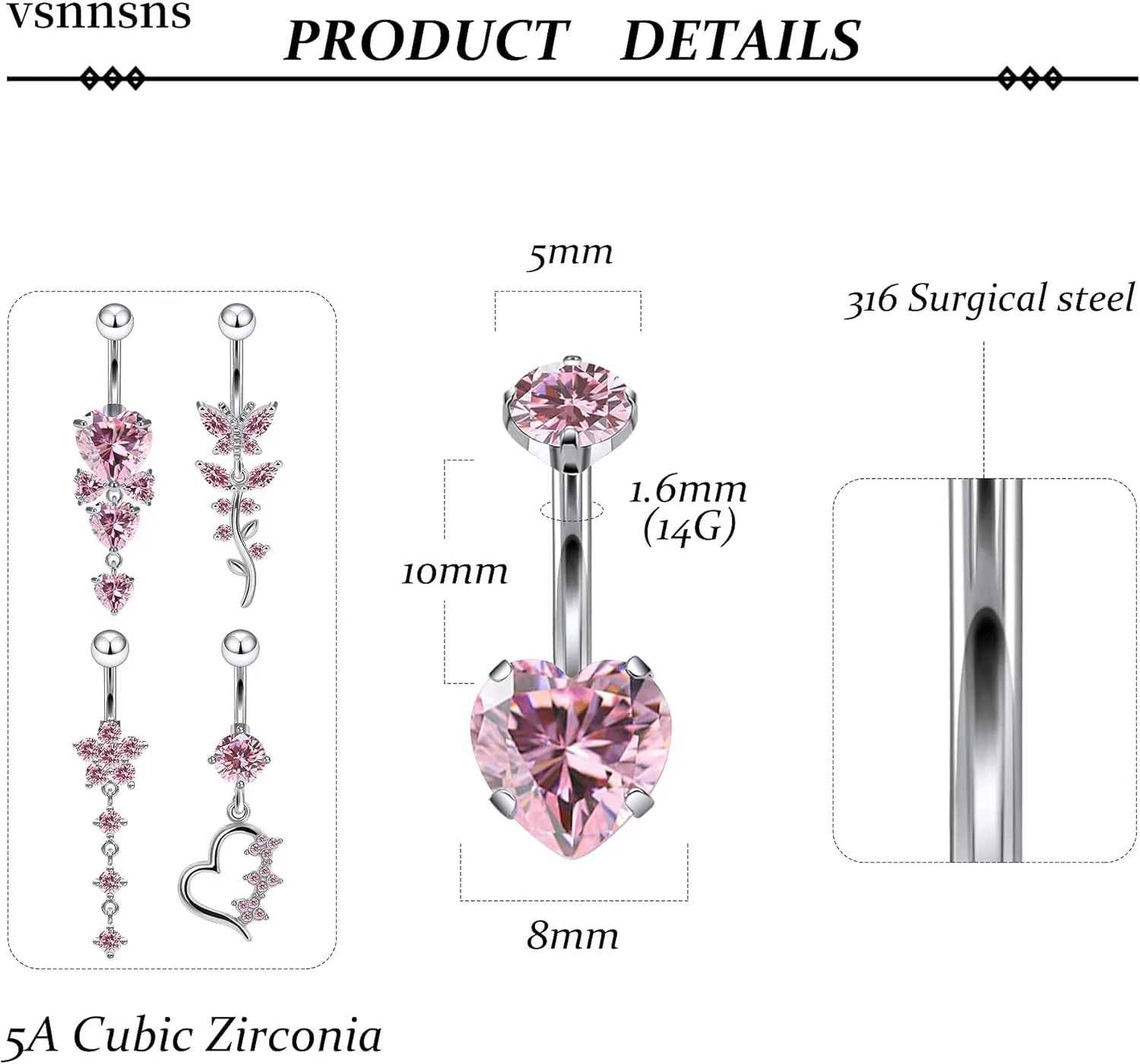 Vsnnsns 14G Dangle Belly Button Ring Piercing Jewelry 316L Stainless Surgical Steel Navel Rings Cubic Zirconia Heart Flower CZ Dangling Belly Button Ring Piercing Jewelry for Women 14 Gauge