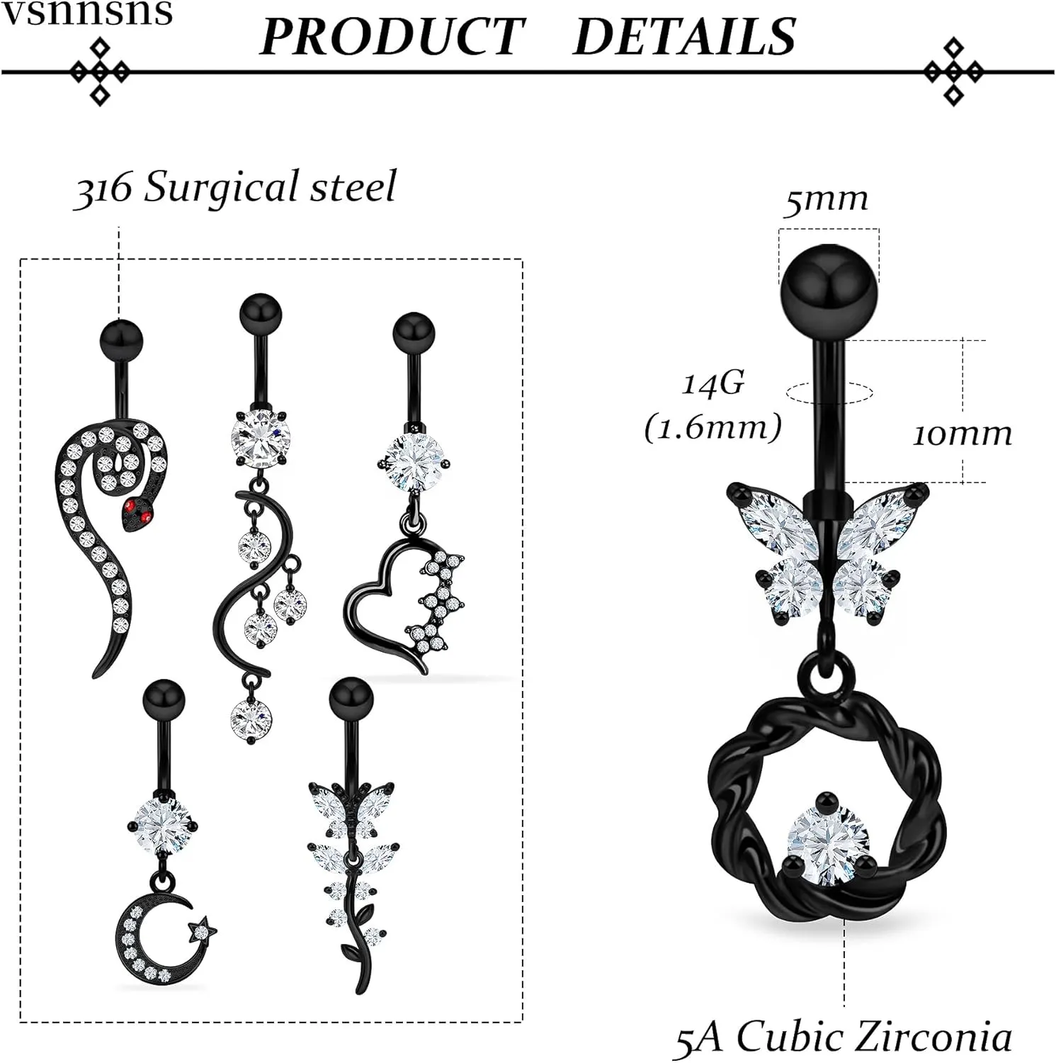 Vsnnsns 14G Dangle Belly Button Ring Piercing Jewelry 316L Stainless Surgical Steel Snake Heart Butterfly Flower Diamond CZ Navel Rings Dangling Belly Button Ring Piercing Jewelry for Women 14 Gauge