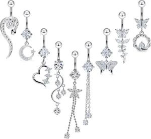 Vsnnsns 14G Dangle Belly Button Ring Piercing Jewelry 316L Stainless Surgical Steel Snake Heart Butterfly Flower Diamond CZ Navel Rings Dangling Belly Button Ring Piercing Jewelry for Women 14 Gauge