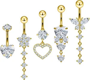 Vsnnsns 14G Dangle Belly Button Ring Piercing Jewelry 316L Stainless Surgical Steel Snake Heart Butterfly Flower Diamond CZ Navel Rings Dangling Belly Button Ring Piercing Jewelry for Women 14 Gauge