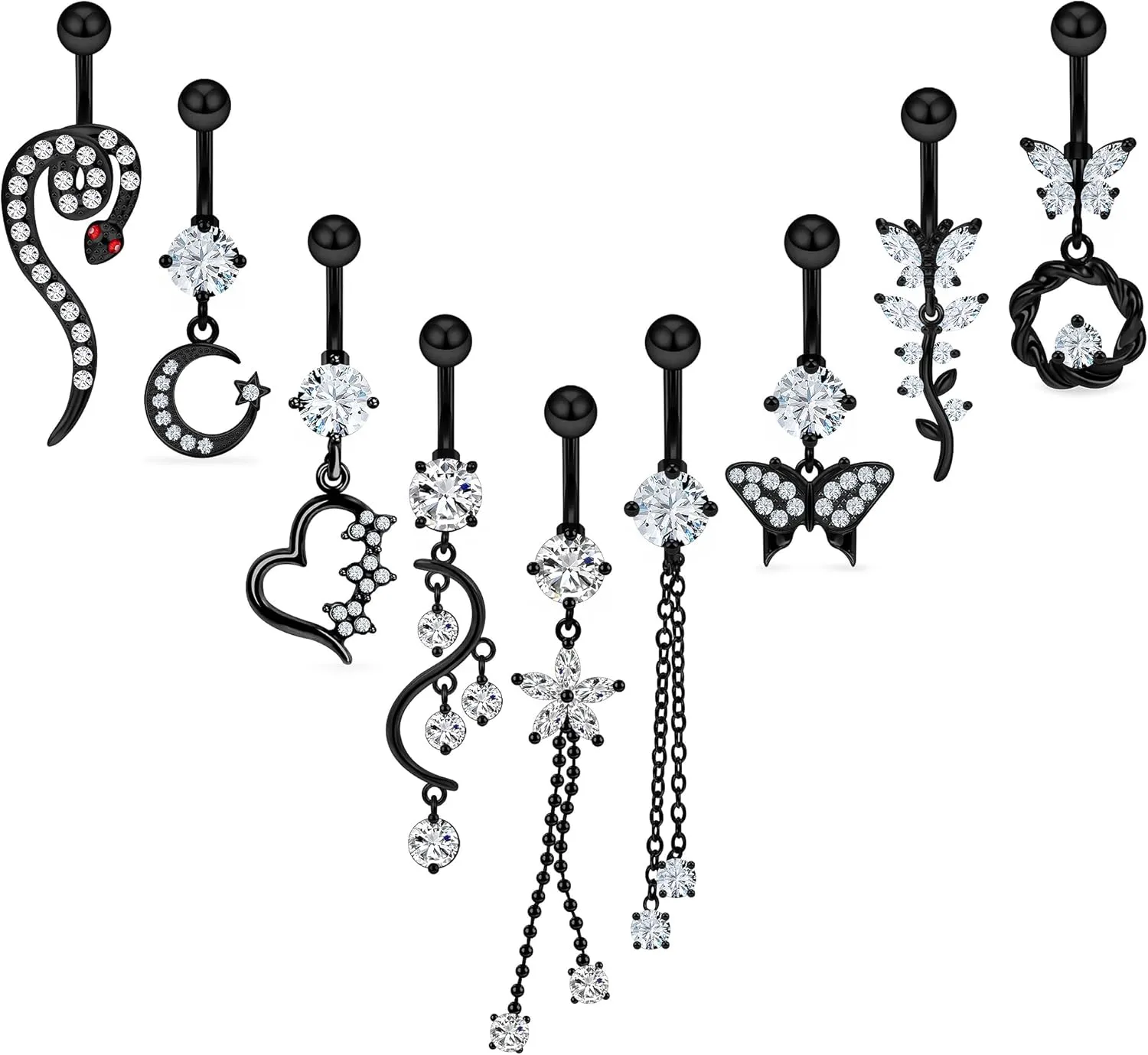 Vsnnsns 14G Dangle Belly Button Ring Piercing Jewelry 316L Stainless Surgical Steel Snake Heart Butterfly Flower Diamond CZ Navel Rings Dangling Belly Button Ring Piercing Jewelry for Women 14 Gauge