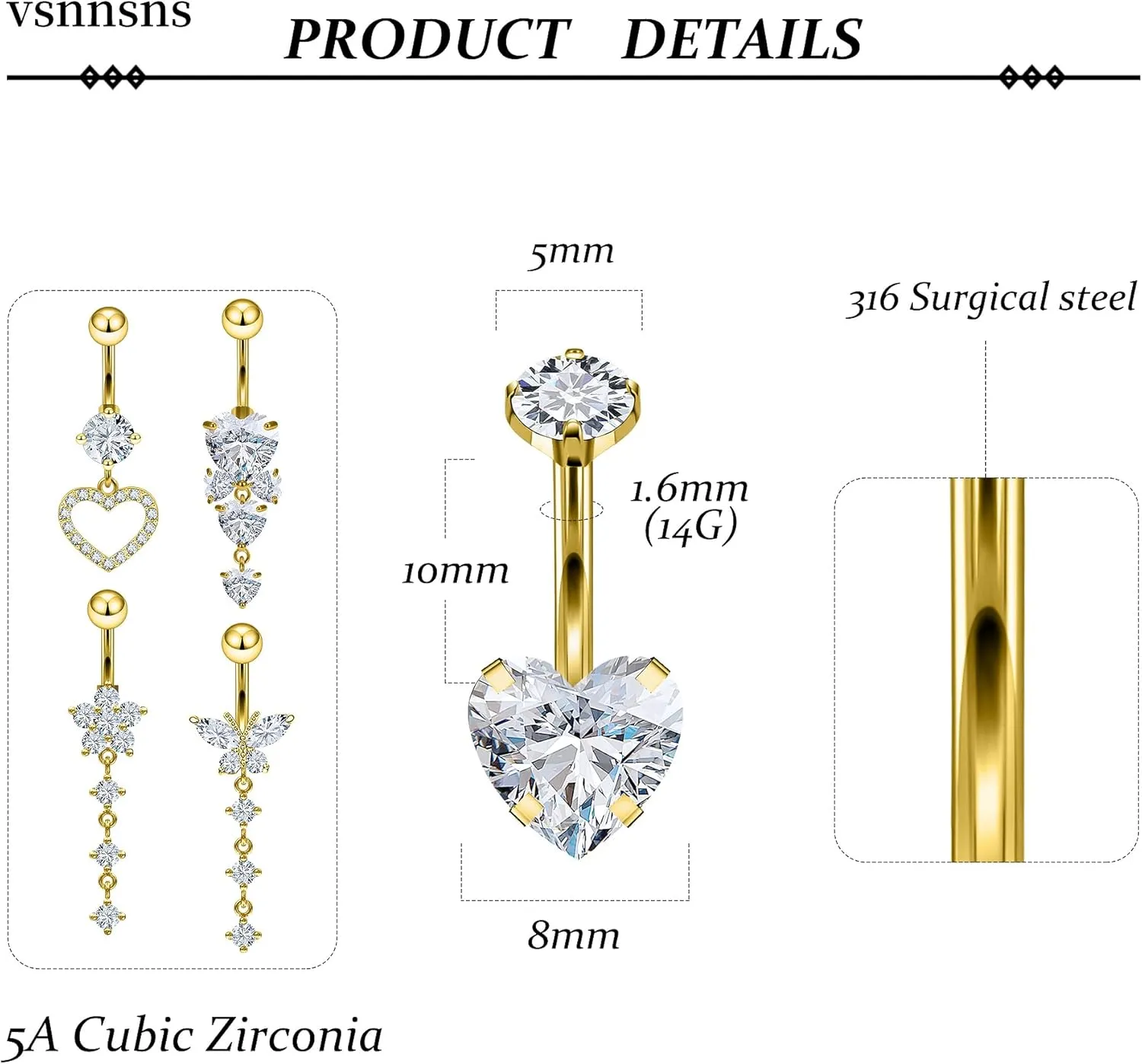 Vsnnsns 14G Dangle Belly Button Ring Piercing Jewelry 316L Stainless Surgical Steel Snake Heart Butterfly Flower Diamond CZ Navel Rings Dangling Belly Button Ring Piercing Jewelry for Women 14 Gauge