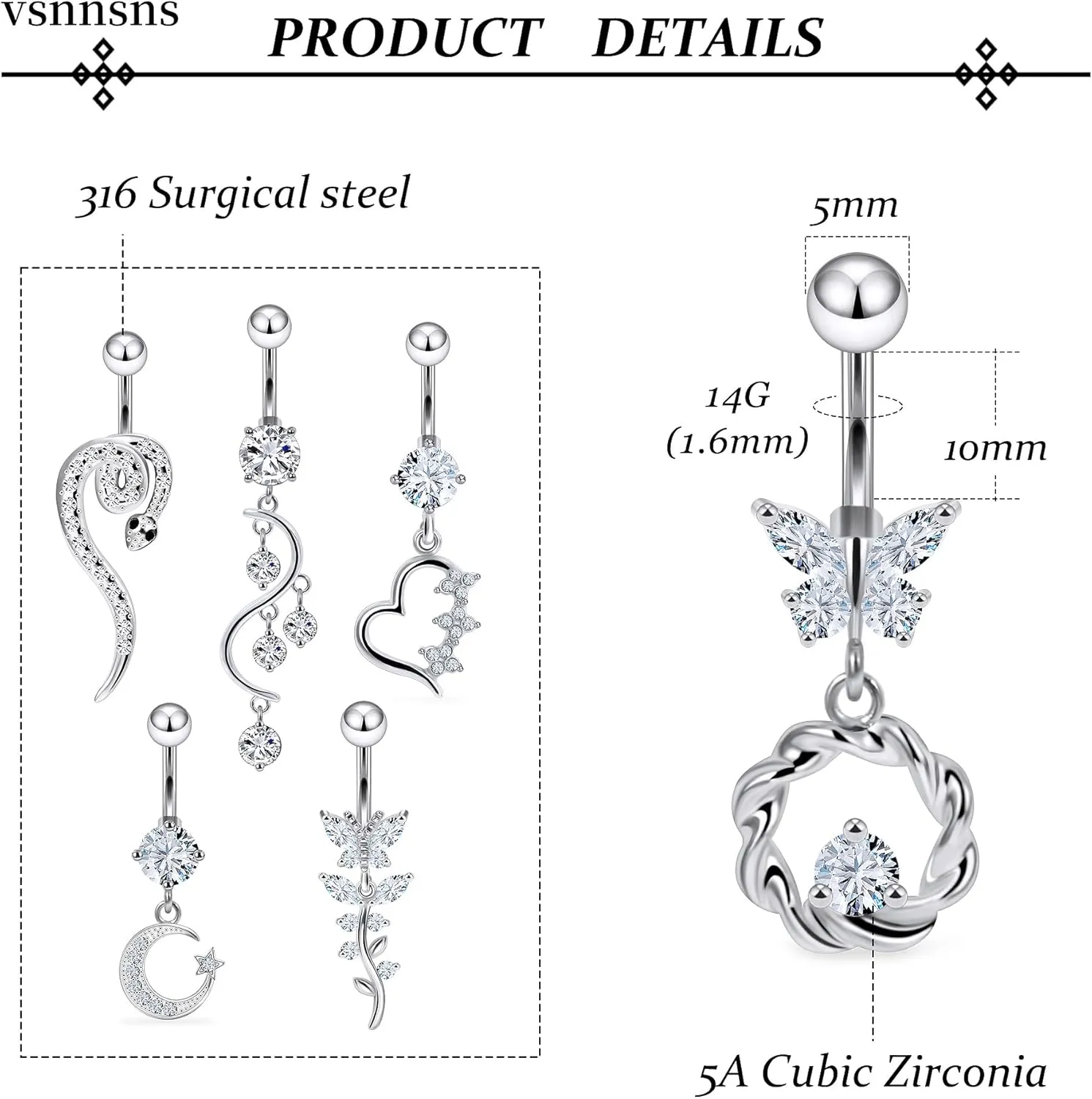 Vsnnsns 14G Dangle Belly Button Ring Piercing Jewelry 316L Stainless Surgical Steel Snake Heart Butterfly Flower Diamond CZ Navel Rings Dangling Belly Button Ring Piercing Jewelry for Women 14 Gauge
