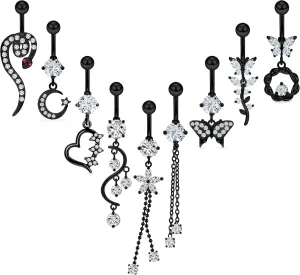 Vsnnsns 14G Dangle Belly Button Ring Piercing Jewelry 316L Stainless Surgical Steel Snake Heart Butterfly Flower Diamond CZ Navel Rings Dangling Belly Button Ring Piercing Jewelry for Women 14 Gauge