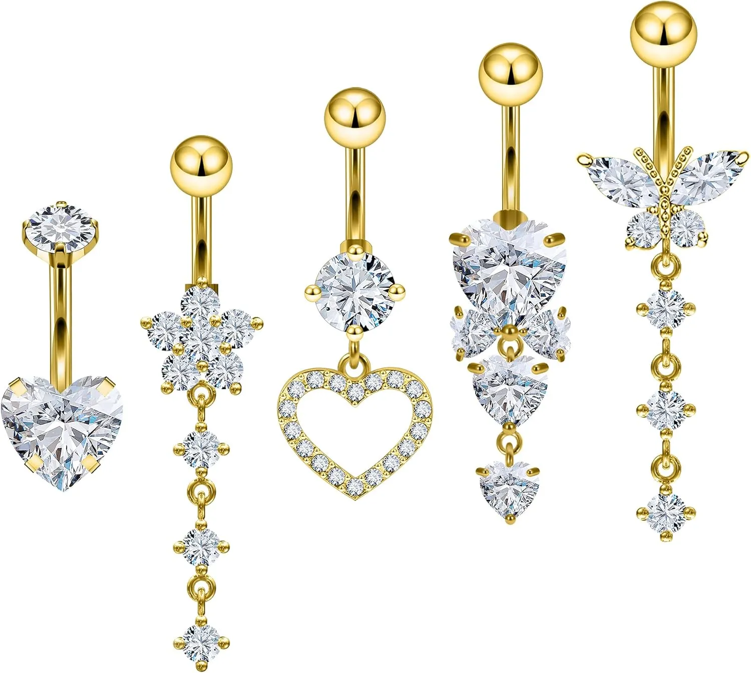 Vsnnsns 14G Dangle Belly Button Ring Piercing Jewelry 316L Stainless Surgical Steel Snake Heart Butterfly Flower Diamond CZ Navel Rings Dangling Belly Button Ring Piercing Jewelry for Women 14 Gauge