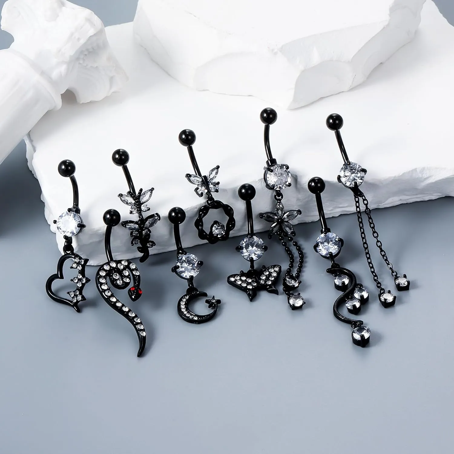 Vsnnsns 14G Dangle Belly Button Ring Piercing Jewelry 316L Stainless Surgical Steel Snake Heart Butterfly Flower Diamond CZ Navel Rings Dangling Belly Button Ring Piercing Jewelry for Women 14 Gauge