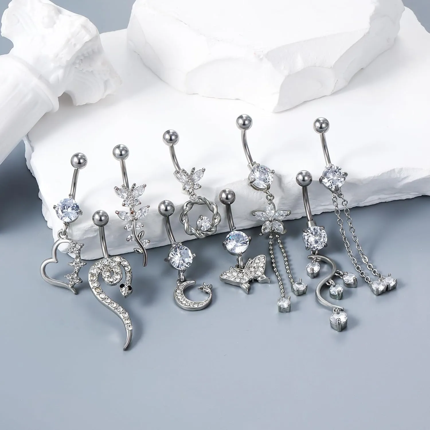 Vsnnsns 14G Dangle Belly Button Ring Piercing Jewelry 316L Stainless Surgical Steel Snake Heart Butterfly Flower Diamond CZ Navel Rings Dangling Belly Button Ring Piercing Jewelry for Women 14 Gauge