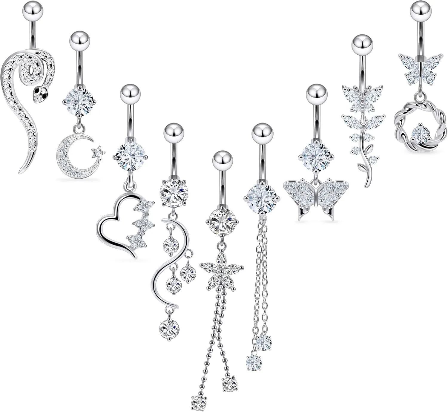 Vsnnsns 14G Dangle Belly Button Ring Piercing Jewelry 316L Stainless Surgical Steel Snake Heart Butterfly Flower Diamond CZ Navel Rings Dangling Belly Button Ring Piercing Jewelry for Women 14 Gauge