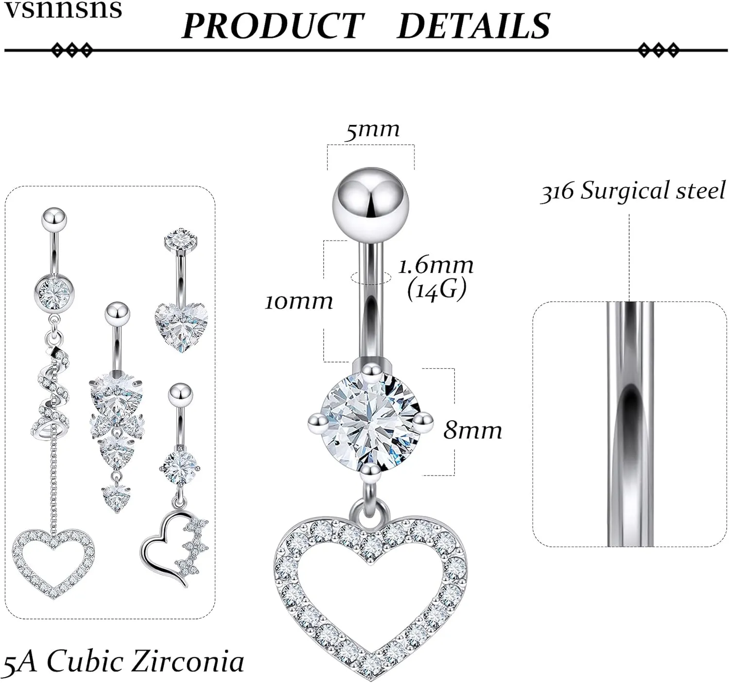 Vsnnsns 14G Heart Belly Button Ring Piercing Jewelry 316L Stainless Surgical Steel Cubic Zirconia Navel Rings Clear Heart CZ Reverse Belly Button Ring Piercing Jewelry for Women Men Hypoallergenic