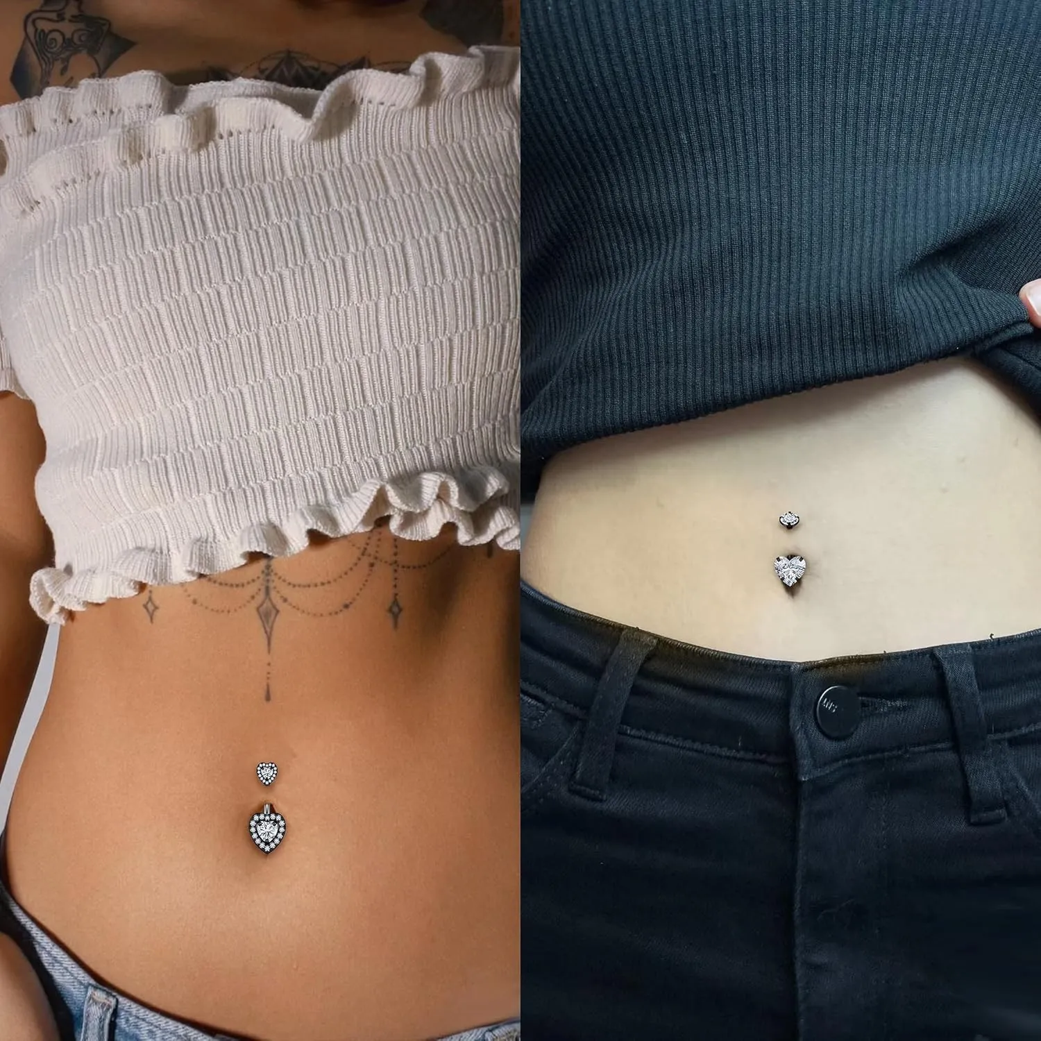 Vsnnsns 14G Heart Belly Button Ring Piercing Jewelry 316L Stainless Surgical Steel Cubic Zirconia Navel Rings Clear Heart CZ Reverse Belly Button Ring Piercing Jewelry for Women Men Hypoallergenic