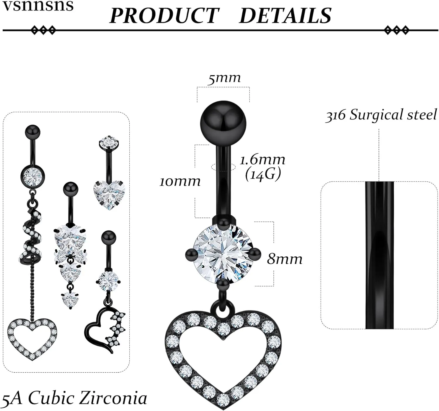 Vsnnsns 14G Heart Belly Button Ring Piercing Jewelry 316L Stainless Surgical Steel Cubic Zirconia Navel Rings Clear Heart CZ Reverse Belly Button Ring Piercing Jewelry for Women Men Hypoallergenic