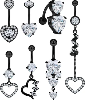 Vsnnsns 14G Heart Belly Button Ring Piercing Jewelry 316L Stainless Surgical Steel Cubic Zirconia Navel Rings Clear Heart CZ Reverse Belly Button Ring Piercing Jewelry for Women Men Hypoallergenic