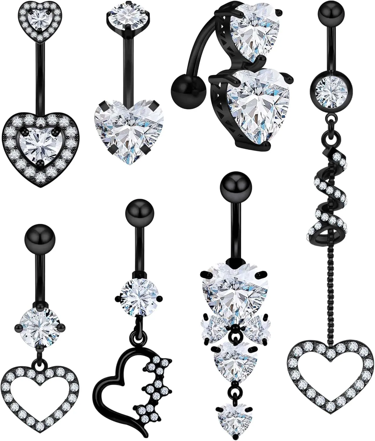 Vsnnsns 14G Heart Belly Button Ring Piercing Jewelry 316L Stainless Surgical Steel Cubic Zirconia Navel Rings Clear Heart CZ Reverse Belly Button Ring Piercing Jewelry for Women Men Hypoallergenic