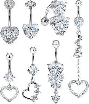 Vsnnsns 14G Heart Belly Button Ring Piercing Jewelry 316L Stainless Surgical Steel Cubic Zirconia Navel Rings Clear Heart CZ Reverse Belly Button Ring Piercing Jewelry for Women Men Hypoallergenic