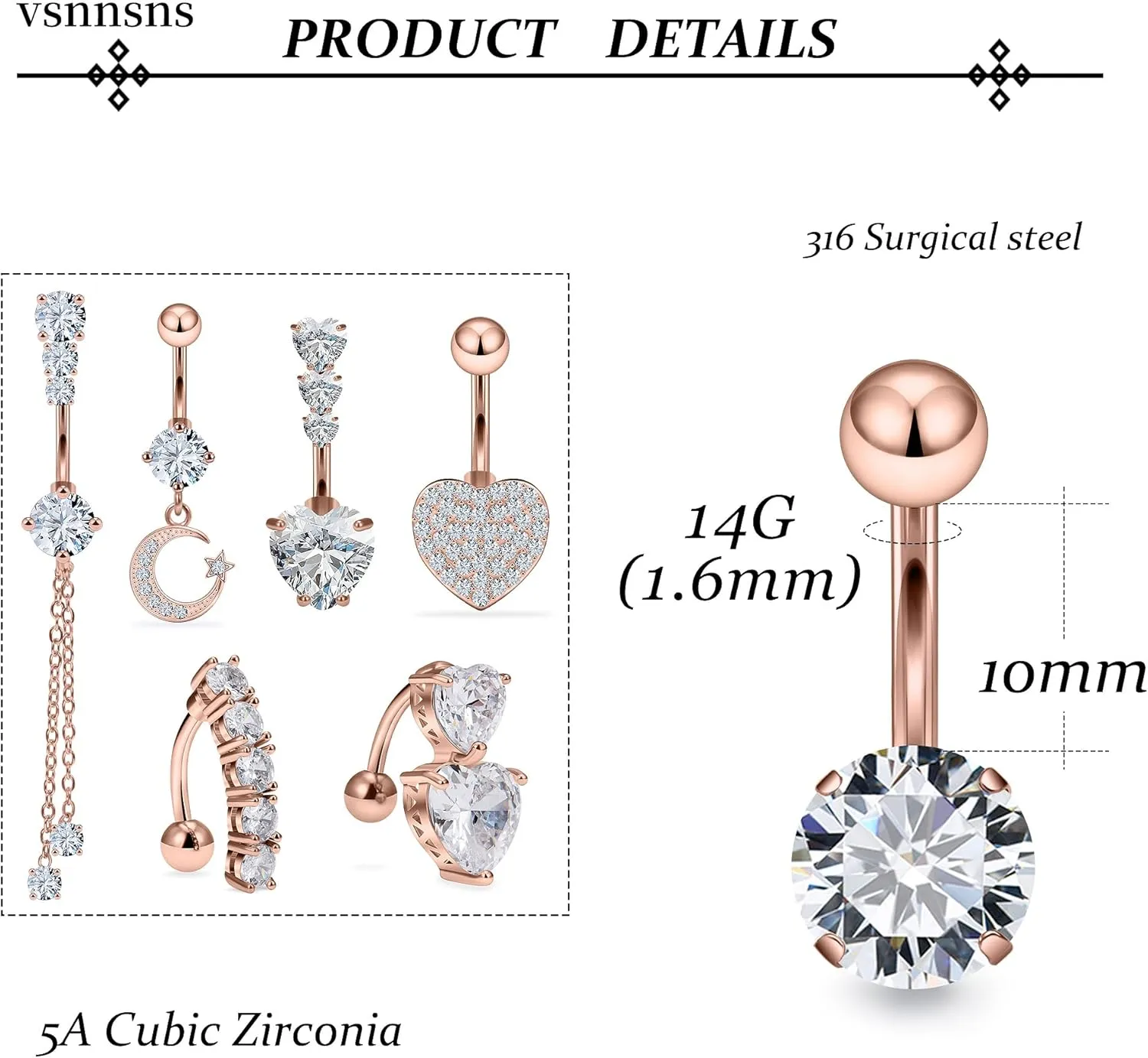 Vsnnsns 14G Heart Belly Button Ring Piercing Jewelry 316L Stainless Surgical Steel Cubic Zirconia Navel Rings Clear Heart CZ Reverse Belly Button Ring Piercing Jewelry for Women Men Hypoallergenic