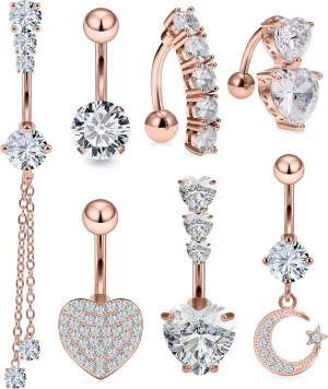 Vsnnsns 14G Heart Belly Button Ring Piercing Jewelry 316L Stainless Surgical Steel Cubic Zirconia Navel Rings Clear Heart CZ Reverse Belly Button Ring Piercing Jewelry for Women Men Hypoallergenic