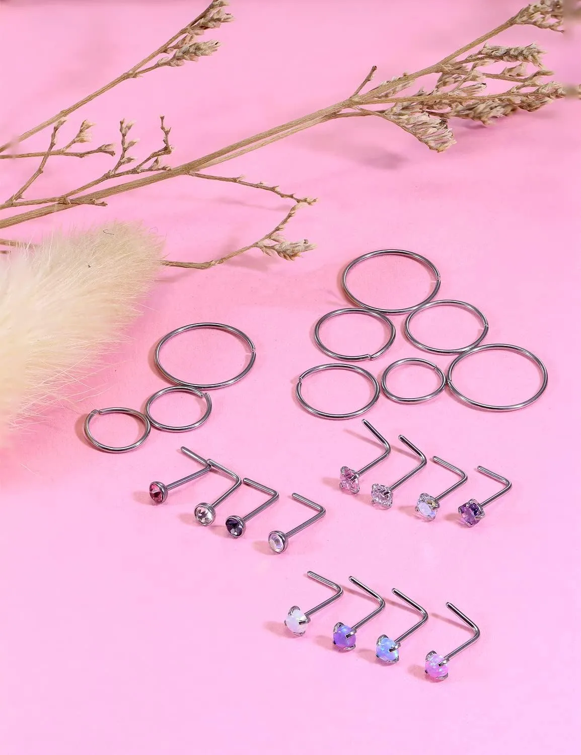 Vsnnsns 18G 20G 22G Nose Rings Studs Piercing Jewelry for Women 316L Surgical Stainless Steel L Shaped Corkscrew Straight Opal CZ Nose Rings Hoops Nostril Piercing Jewelry for Women Men Silver Gold