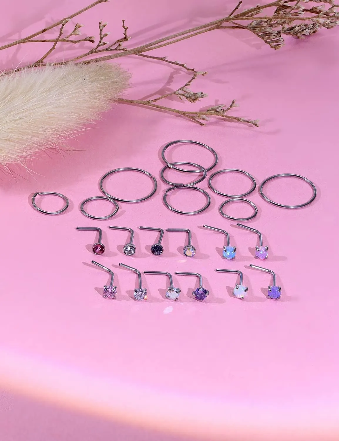 Vsnnsns 18G 20G 22G Nose Rings Studs Piercing Jewelry for Women 316L Surgical Stainless Steel L Shaped Corkscrew Straight Opal CZ Nose Rings Hoops Nostril Piercing Jewelry for Women Men Silver Gold