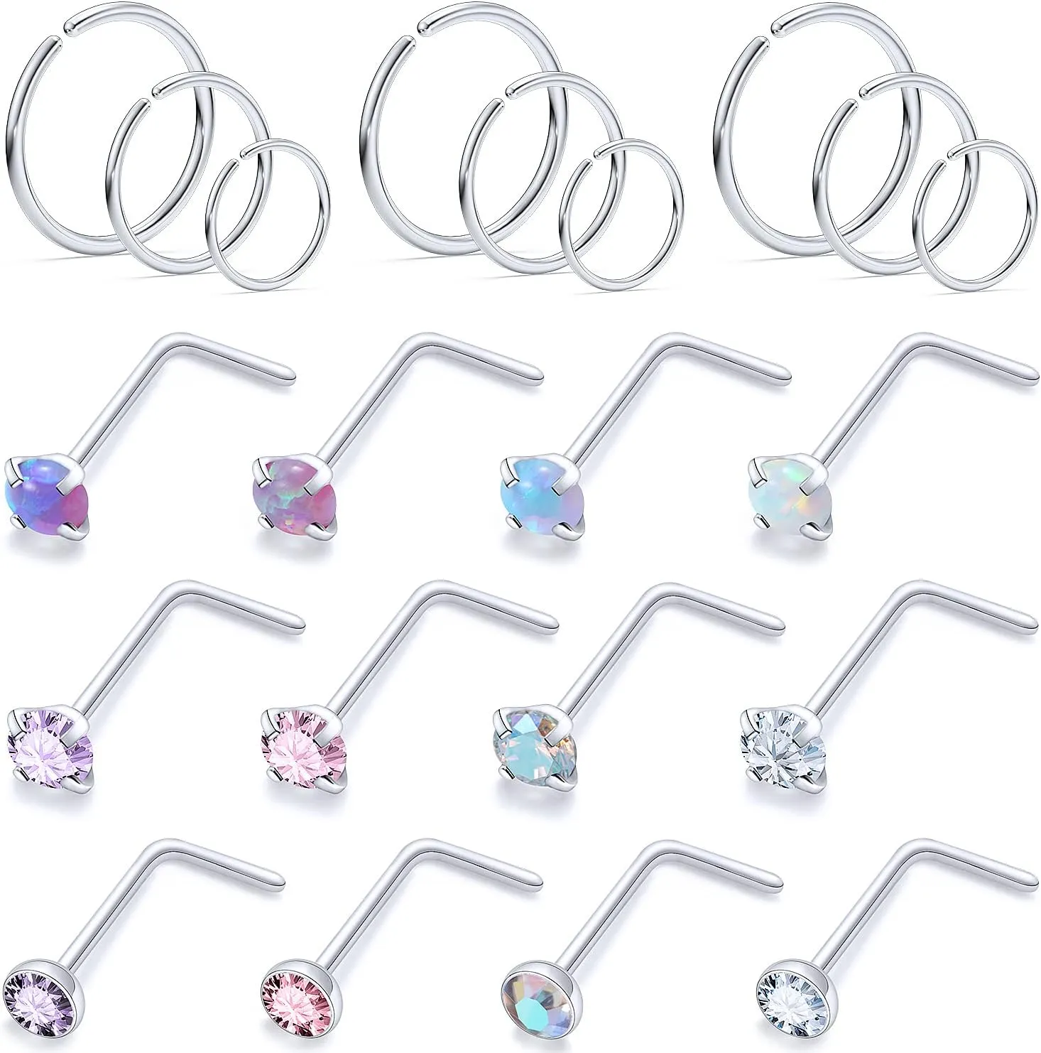 Vsnnsns 18G 20G 22G Nose Rings Studs Piercing Jewelry for Women 316L Surgical Stainless Steel L Shaped Corkscrew Straight Opal CZ Nose Rings Hoops Nostril Piercing Jewelry for Women Men Silver Gold