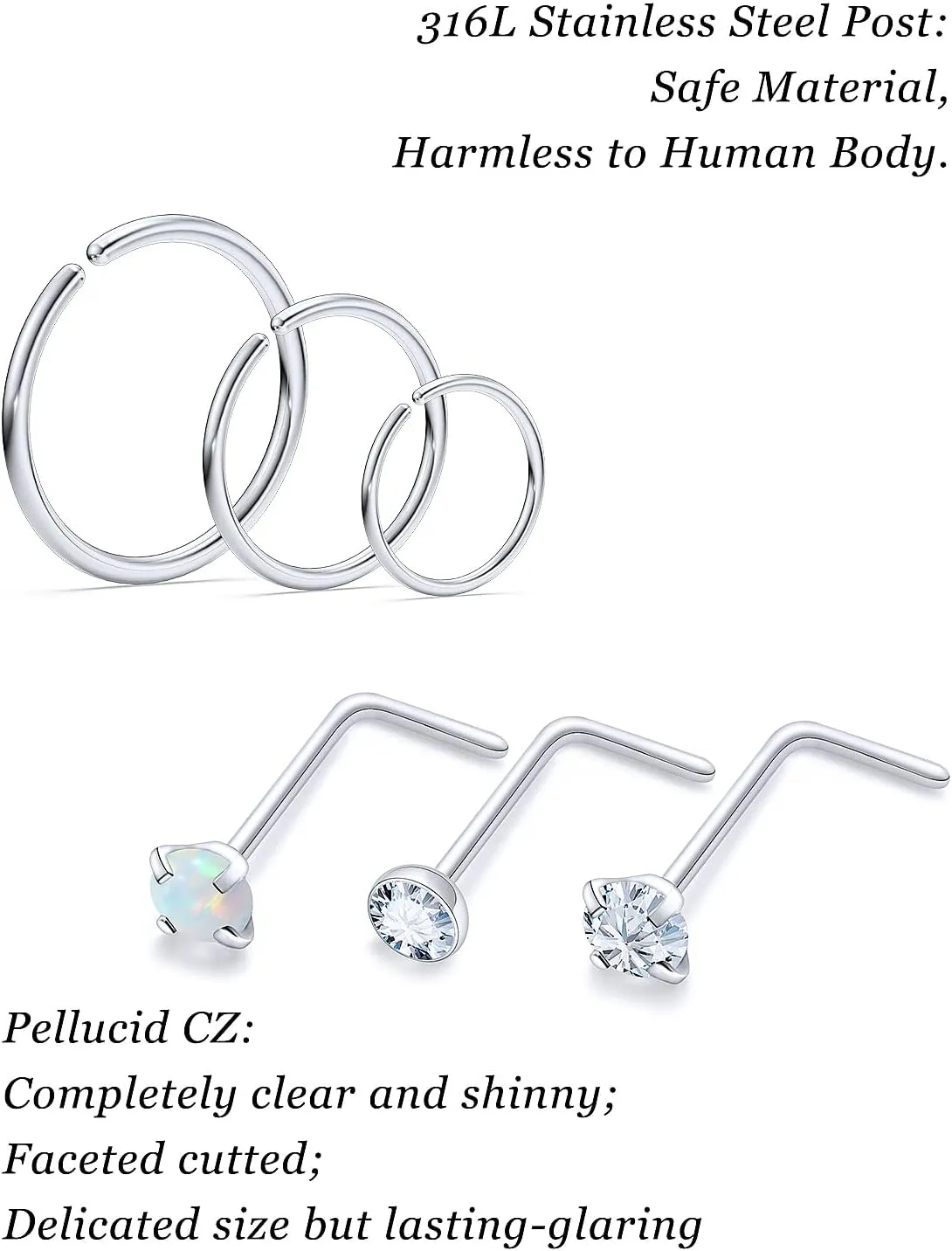 Vsnnsns 18G 20G 22G Nose Rings Studs Piercing Jewelry for Women 316L Surgical Stainless Steel L Shaped Corkscrew Straight Opal CZ Nose Rings Hoops Nostril Piercing Jewelry for Women Men Silver Gold