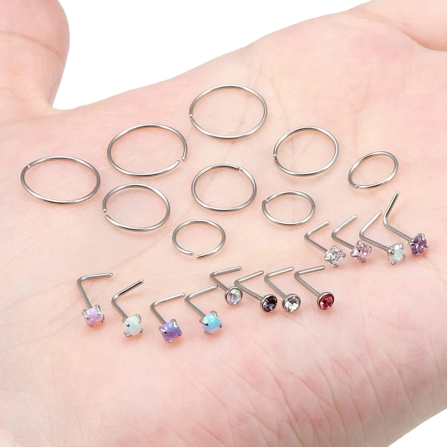 Vsnnsns 18G 20G 22G Nose Rings Studs Piercing Jewelry for Women 316L Surgical Stainless Steel L Shaped Corkscrew Straight Opal CZ Nose Rings Hoops Nostril Piercing Jewelry for Women Men Silver Gold