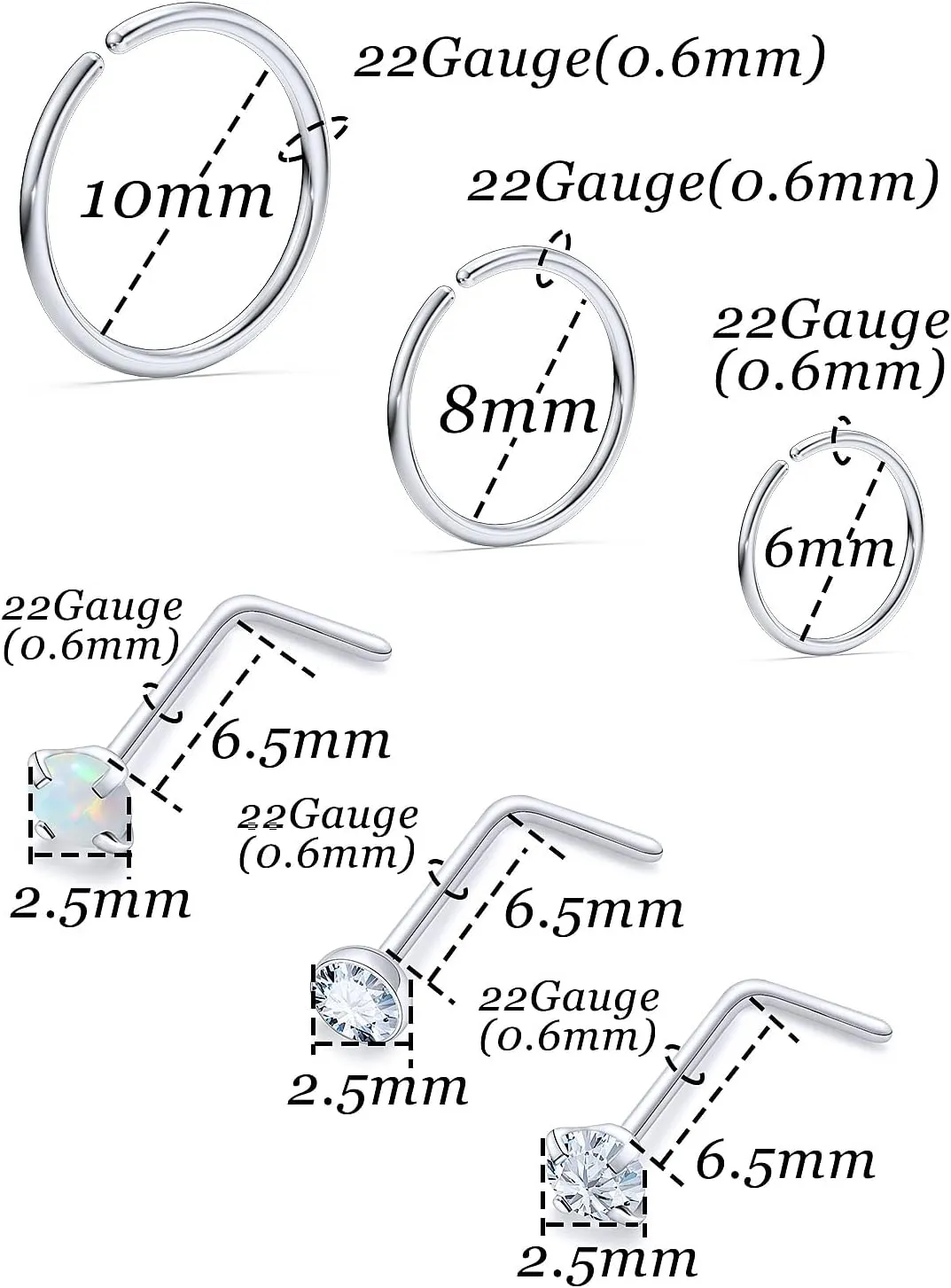 Vsnnsns 18G 20G 22G Nose Rings Studs Piercing Jewelry for Women 316L Surgical Stainless Steel L Shaped Corkscrew Straight Opal CZ Nose Rings Hoops Nostril Piercing Jewelry for Women Men Silver Gold