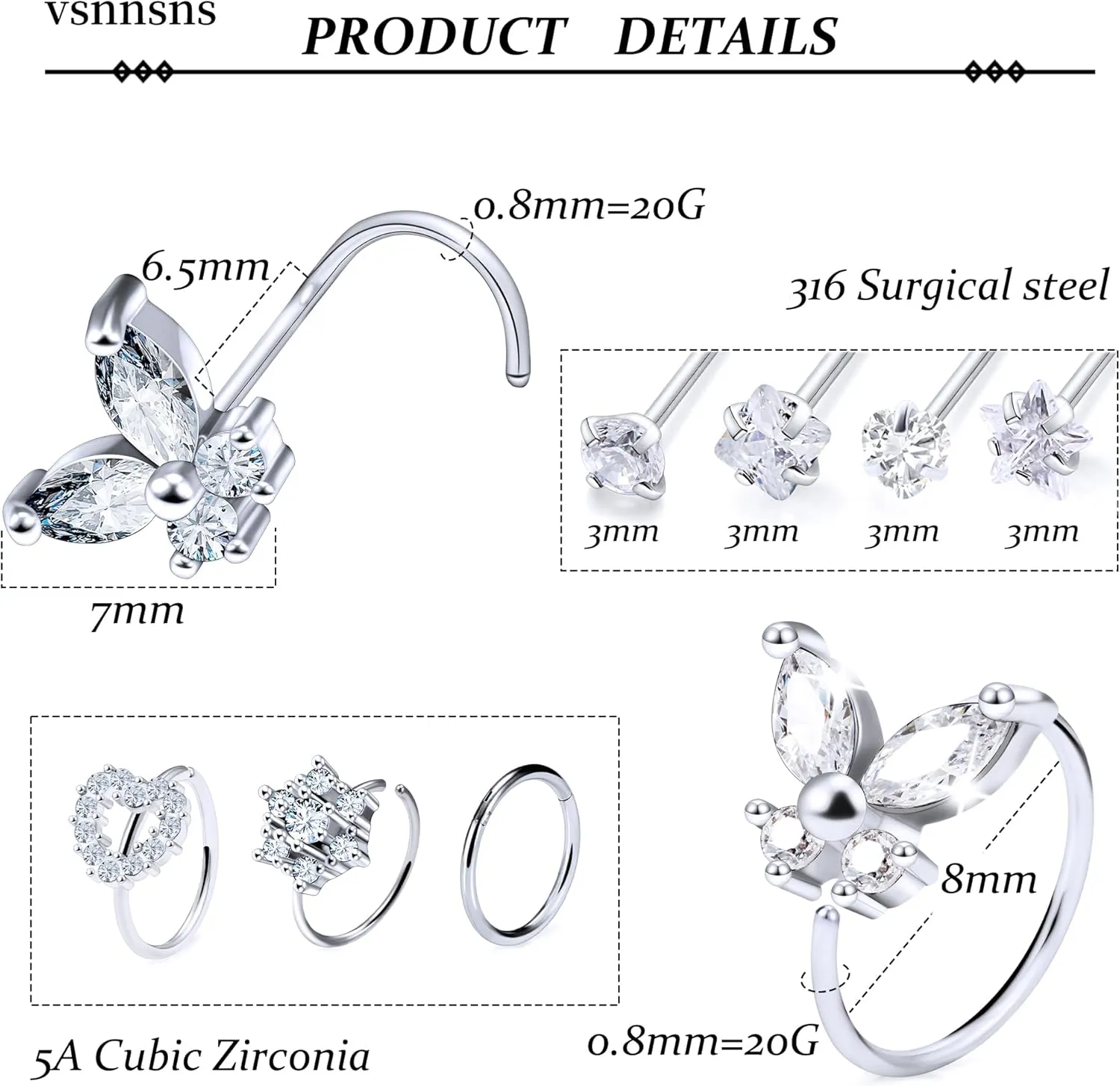 Vsnnsns 20G Nose Rings Studs Piercing Jewelry for Women 316L Surgical Stainless Steel L Shaped Corkscrew Straight Butterfly Heart Diamond CZ Hoop Nose Rings Studs Nostril Piercing Jewelry Silver Gold