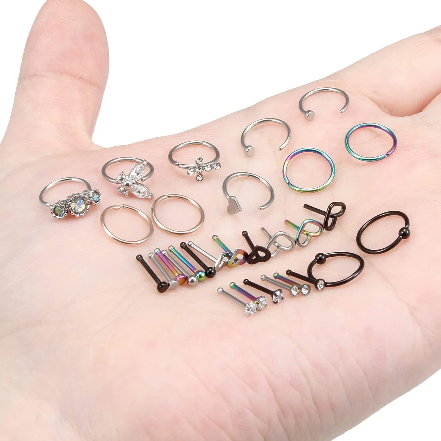 Vsnnsns 20G Nose Rings Studs Piercing Jewelry for Women 316L Surgical Stainless Steel L Shaped Corkscrew Straight Butterfly Heart Diamond CZ Hoop Nose Rings Studs Nostril Piercing Jewelry Silver Gold