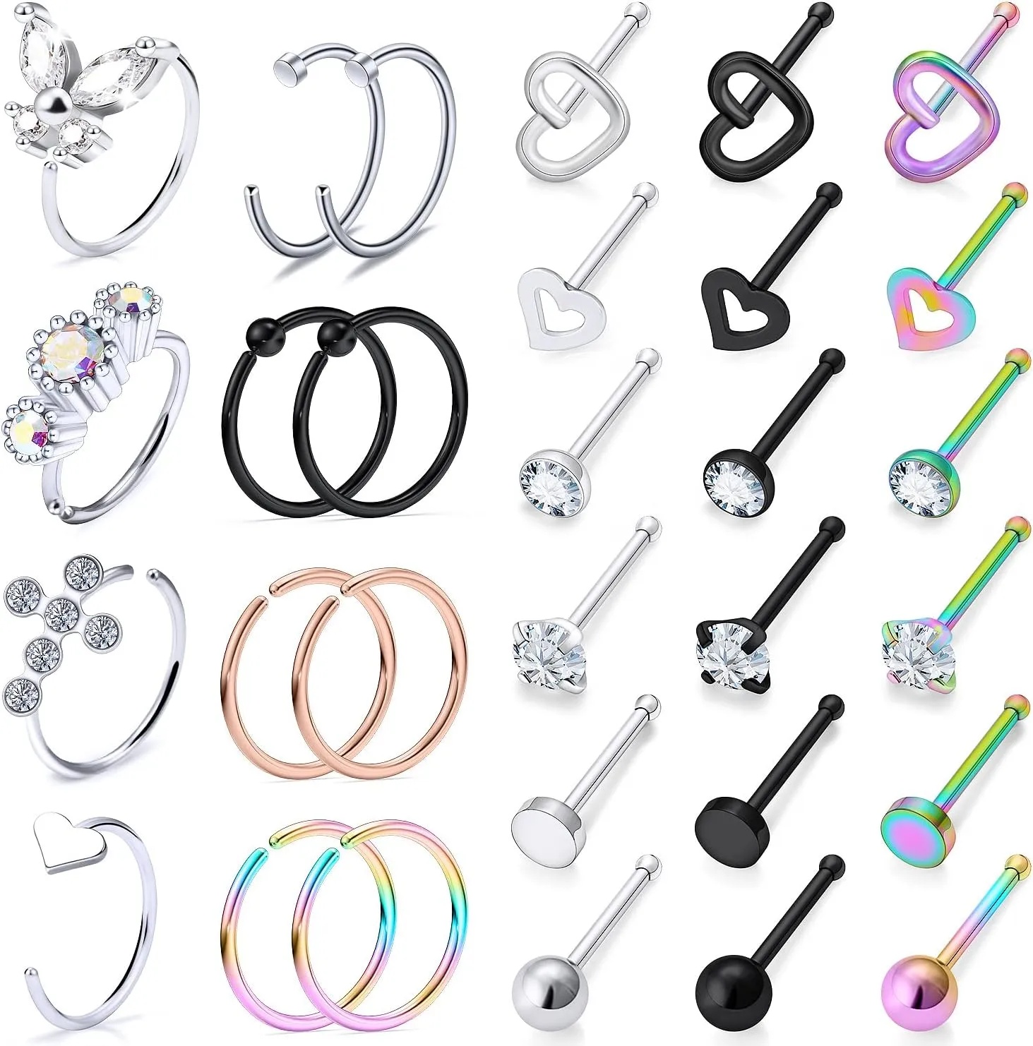 Vsnnsns 20G Nose Rings Studs Piercing Jewelry for Women 316L Surgical Stainless Steel L Shaped Corkscrew Straight Butterfly Heart Diamond CZ Hoop Nose Rings Studs Nostril Piercing Jewelry Silver Gold