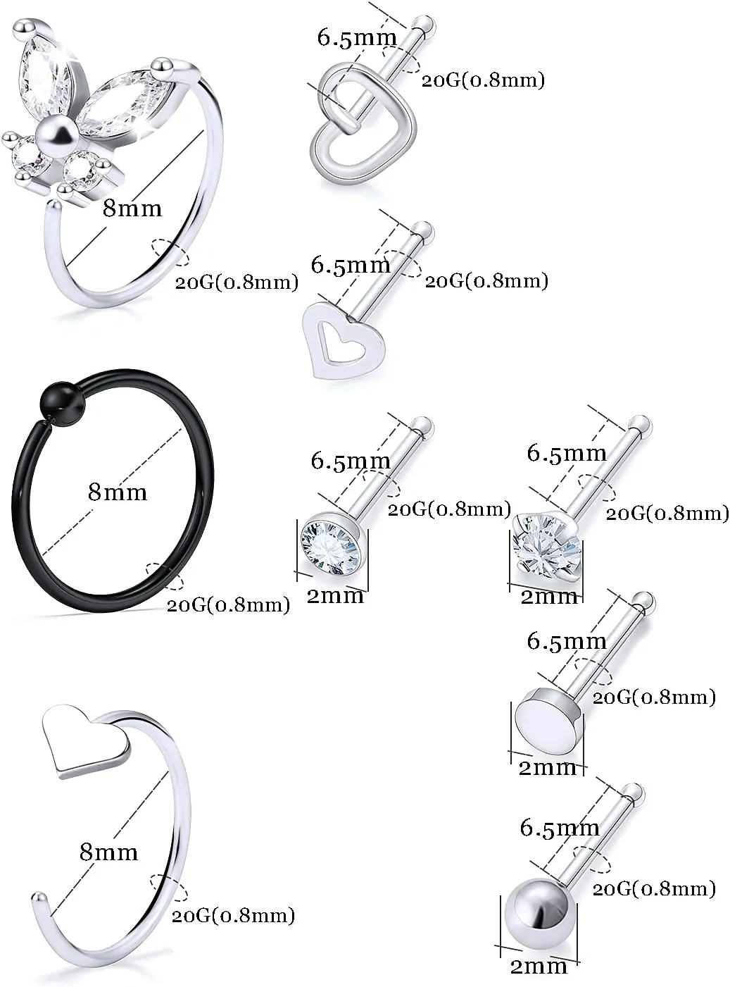 Vsnnsns 20G Nose Rings Studs Piercing Jewelry for Women 316L Surgical Stainless Steel L Shaped Corkscrew Straight Butterfly Heart Diamond CZ Hoop Nose Rings Studs Nostril Piercing Jewelry Silver Gold
