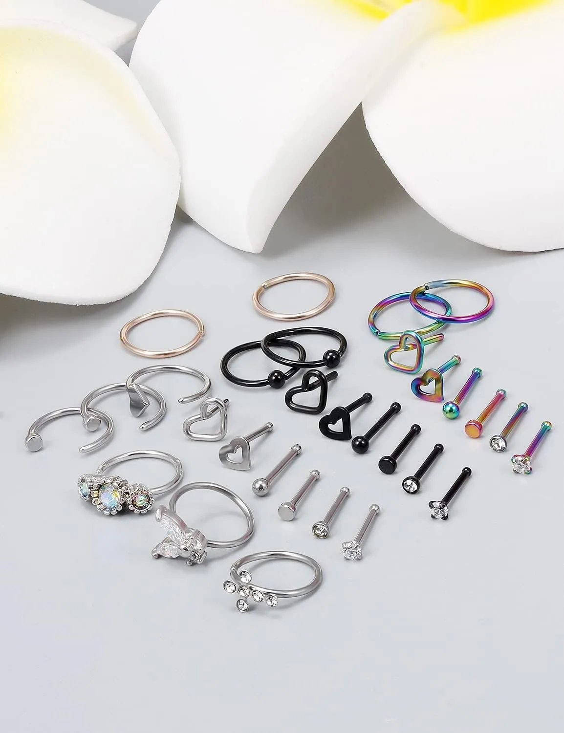 Vsnnsns 20G Nose Rings Studs Piercing Jewelry for Women 316L Surgical Stainless Steel L Shaped Corkscrew Straight Butterfly Heart Diamond CZ Hoop Nose Rings Studs Nostril Piercing Jewelry Silver Gold