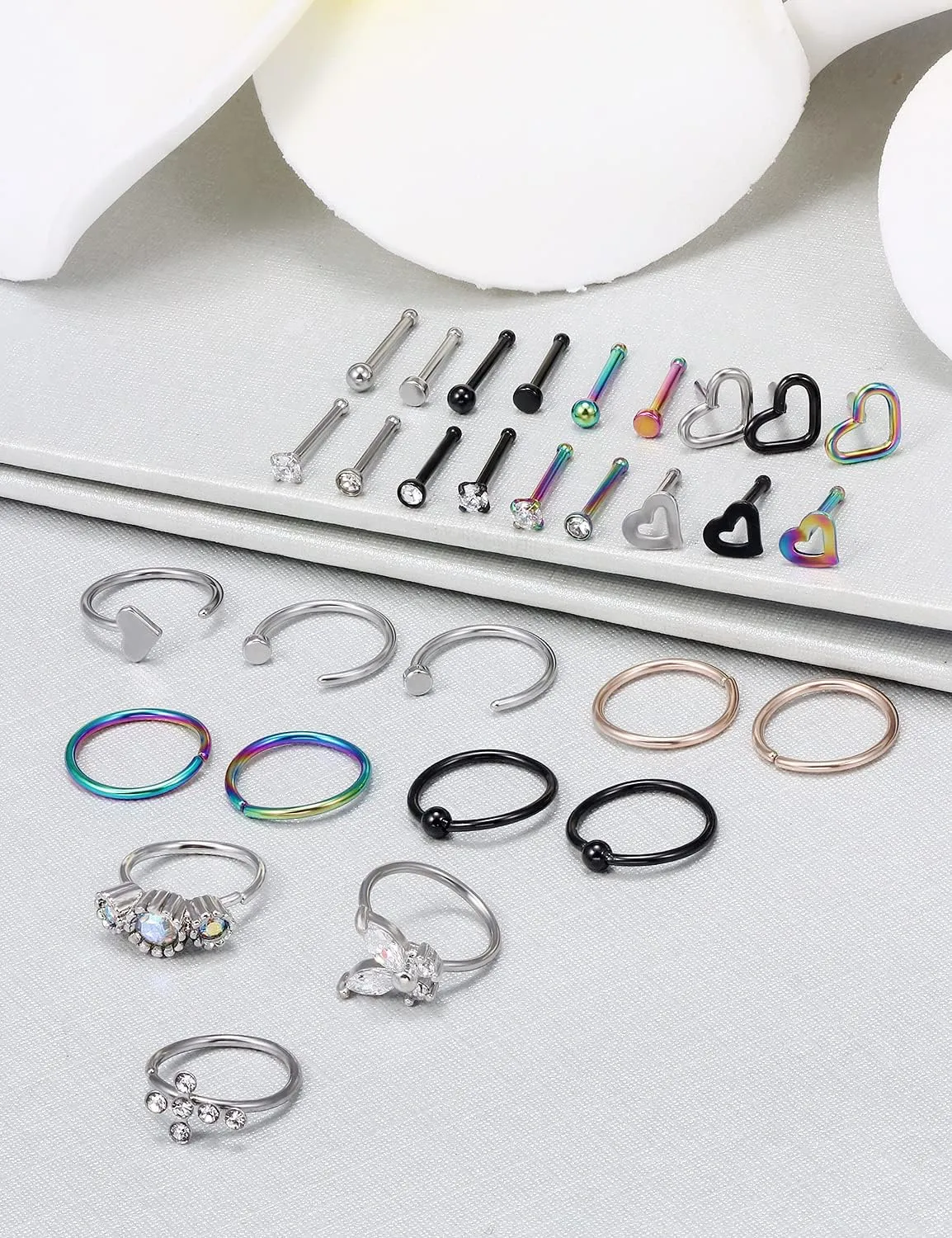 Vsnnsns 20G Nose Rings Studs Piercing Jewelry for Women 316L Surgical Stainless Steel L Shaped Corkscrew Straight Butterfly Heart Diamond CZ Hoop Nose Rings Studs Nostril Piercing Jewelry Silver Gold