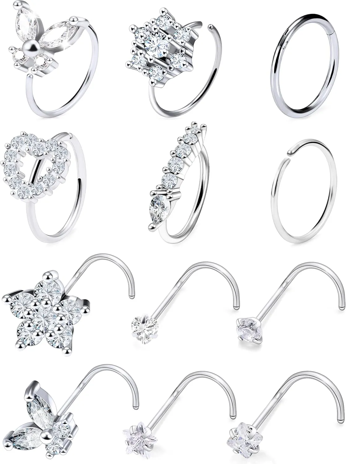 Vsnnsns 20G Nose Rings Studs Piercing Jewelry for Women 316L Surgical Stainless Steel L Shaped Corkscrew Straight Butterfly Heart Diamond CZ Hoop Nose Rings Studs Nostril Piercing Jewelry Silver Gold