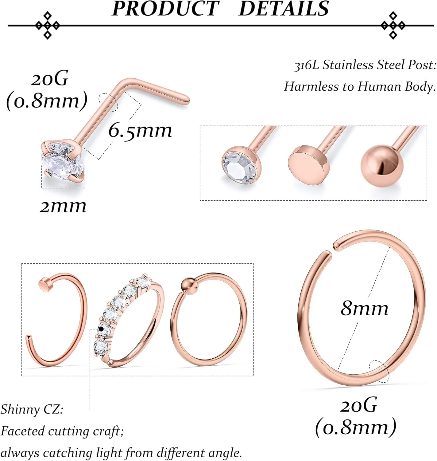 Vsnnsns 20G Nose Rings Studs Piercing Jewelry for Women 316L Surgical Stainless Steel L Shaped Corkscrew Straight Diamond CZ Hoop Nose Rings Studs Nostril Piercing Jewelry Hypoallergenic 20 Gauge