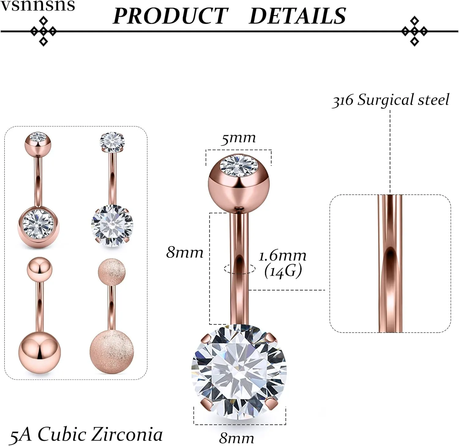 Vsnnsns Shiny Cubic Zirconia Belly Button Piercing - 14G, 8MM-14MM Navel Rings for Women and Men, 316L Stainless Steel