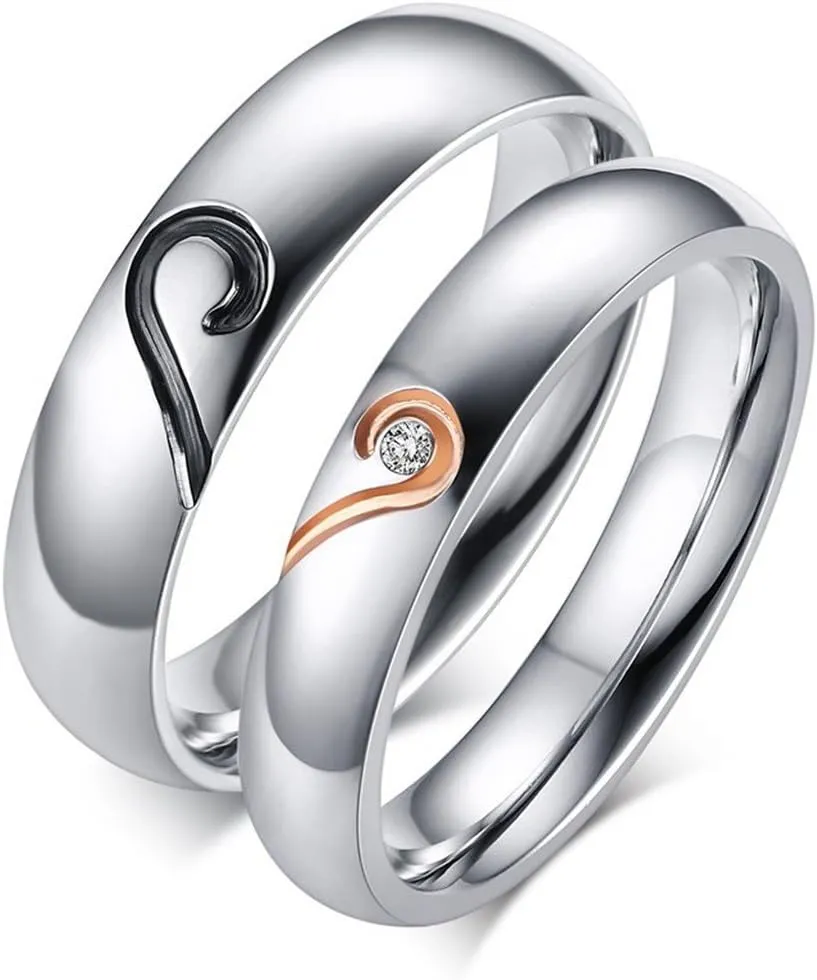 Wang Rong ROWAG 5MM Stainless Steel Mens Wedding Promise Heart Shape Couple Rings 4MM Womens Cubic Zirconia CZ for Him and Her Engagement Bands