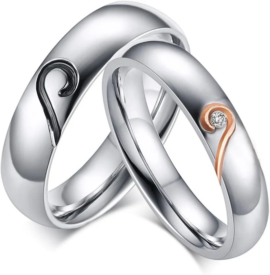 Wang Rong ROWAG 5MM Stainless Steel Mens Wedding Promise Heart Shape Couple Rings 4MM Womens Cubic Zirconia CZ for Him and Her Engagement Bands