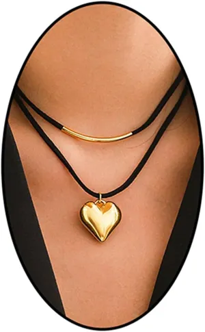 WCRAZYE Gold Heart Chunky Necklaces for Women 14K Gold Plated Layered Chunky Heart Choker Necklace Vintage Heavy Metal Thick Chain Necklace Statement Necklace Y2K Grunge Jewelry Gifts