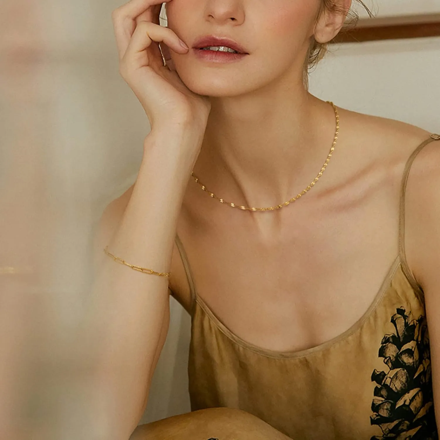 WEARON Gold Choker Necklace for Women 18K Gold Plated Dainty Bead Gene Figaro Heart Herringbone Paperclip Chain Choker Necklace Delicate Choker Jewelry Gifts for Women